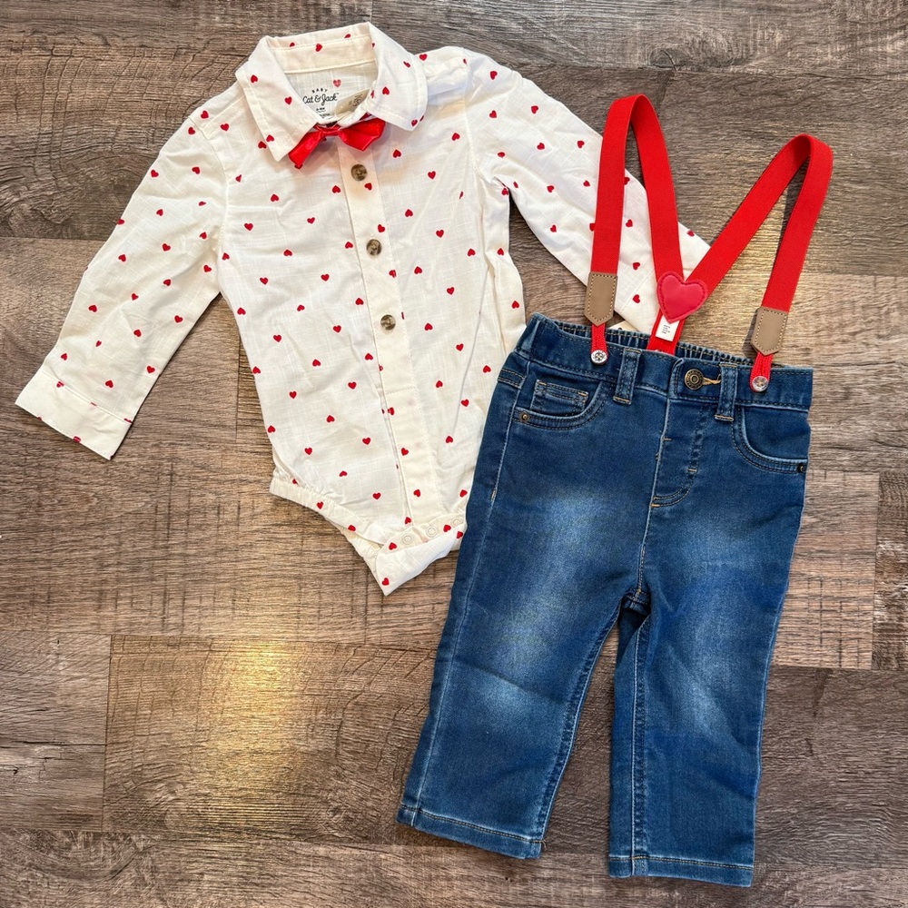 NWT Cat & Jack Valentines Day Jeans with Suspenders White Heart Button Up 6-9 Mo